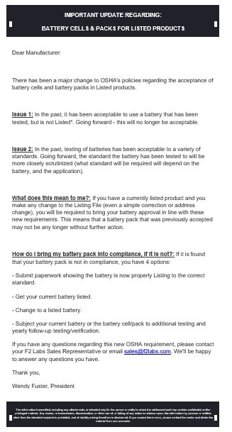 Important Update Regarding Battery Cells & Packs for Listed Products letter, black text