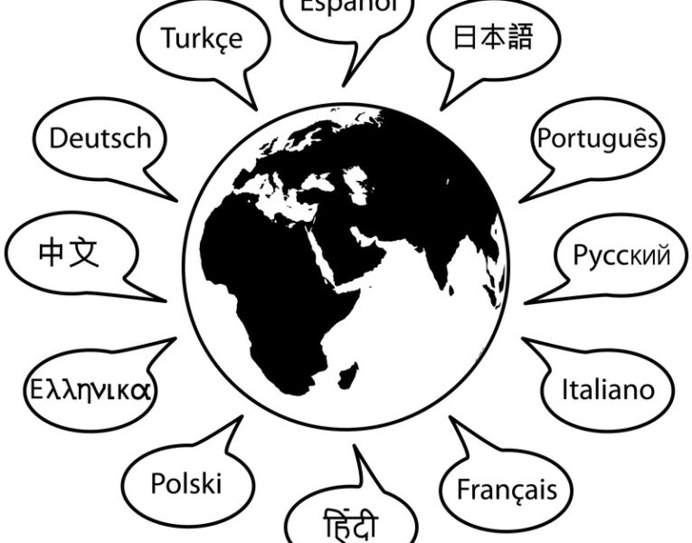Graphic of the earth surrounded by speech bubbles with different languages