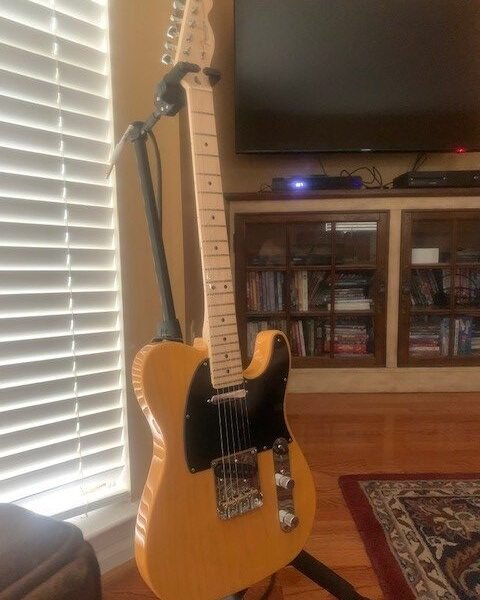 Guitar on stand in living room